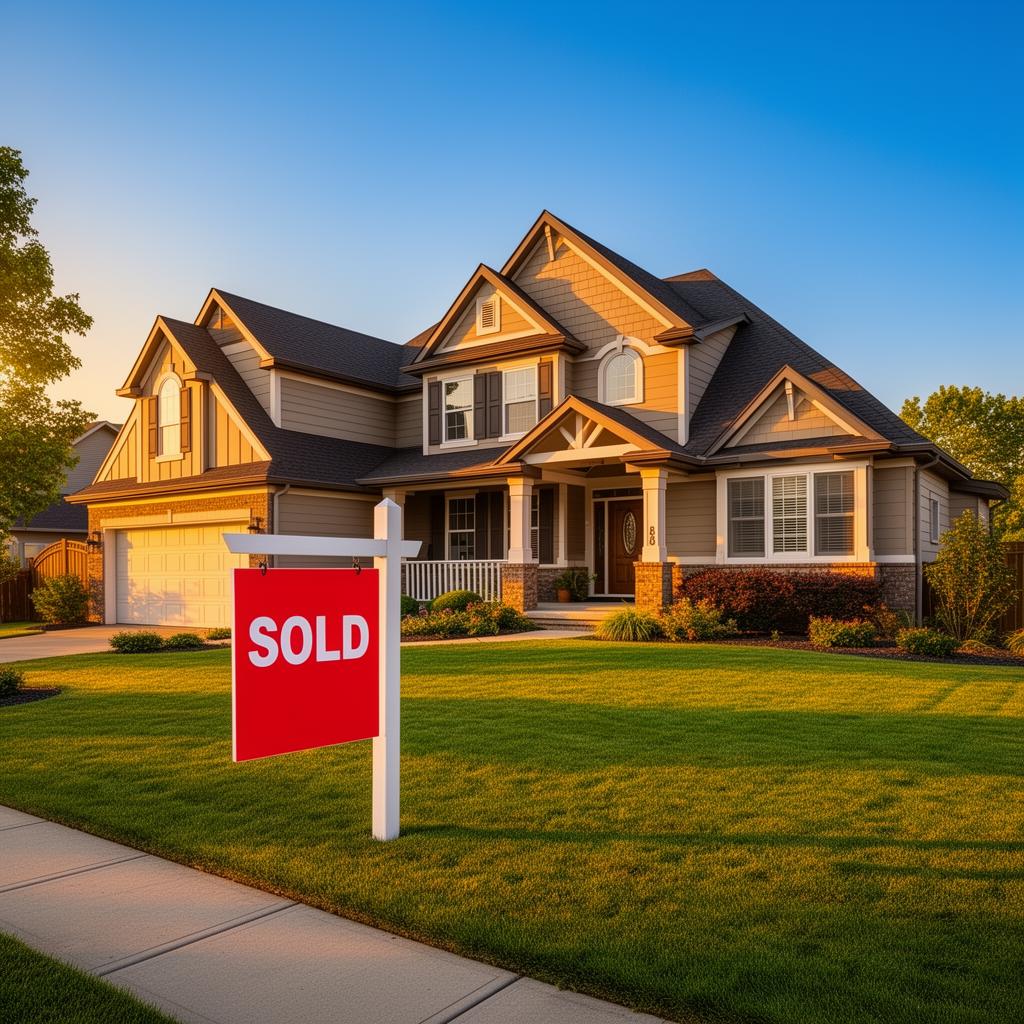A suburban home with a red SOLD sign in the front yard
